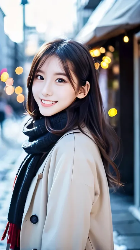 (Wore a winter uniform and scarf coat、 Close-up portrait of a girl with long hair and dull bangs:1.5)、(one person*** wearing a winter uniform and scarf coat spreads her arms and has a shy smile :1.5)、Age 25、( Christmas decorations on a street corner on a s...