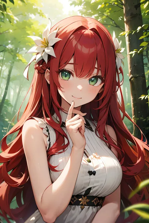 ２０Generation of women、（（（Red Hair））） loose wavy long hair、Neo Sovage、Big Green Eyes 、Seems calm、 Many White Flower Ornaments on the Head 、 Edelweiss Hair Ornament 、 scraping up hair 、Smile a little、 sleeveless、dark beige dress 、 bust up、 In the Forest with...