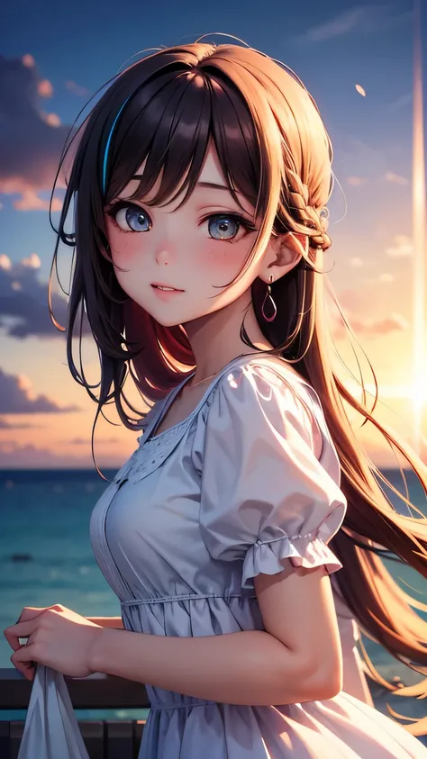  1 girl,  high definition , Sunset sea, blurred background ,  lens flare , masterpiece, accurate,  colorful hair that warms,  gradient color hairstyle,  hair that flutters like,  Rainbow Hair ,  earrings for a woman alone,  dress, colorful eyes,  Gradation...