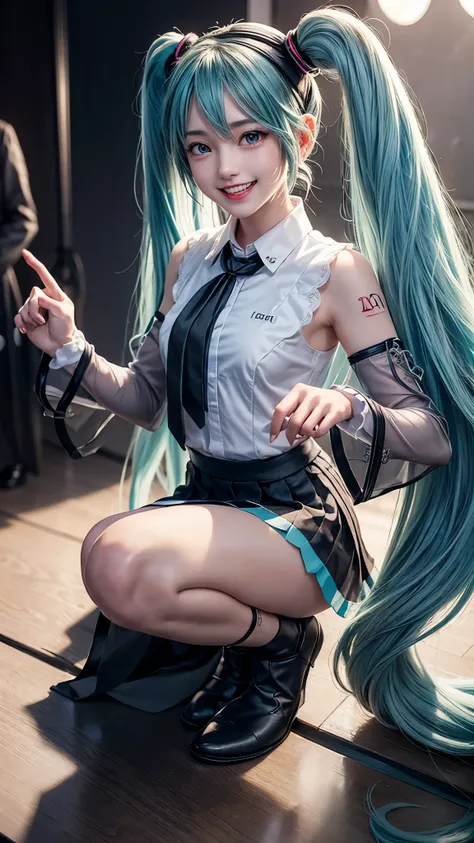 one girl, Alone, woman , table top in front of you, beautiful hanteeths, Hatsune Miku , white shirt, ( black skirt :1.3), blue tie, bare shoulteethers, teethetacheteeth sleeves,
break
:teeth, happy , smile, show viewers, ✌️,(:1.5), Squat,
break
s...
