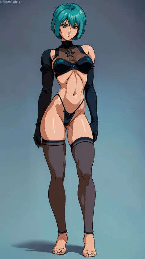 one solo girl, short hair, bob cut, (90s anime style, retro anime style), cyan thong, cyan bra, cyan elbow gloves, cyan thigh highs, gothic style, emo dark girl, (simple background), 2b nier automata, standing, full body, barefoot, skinny, tall, slim body,...