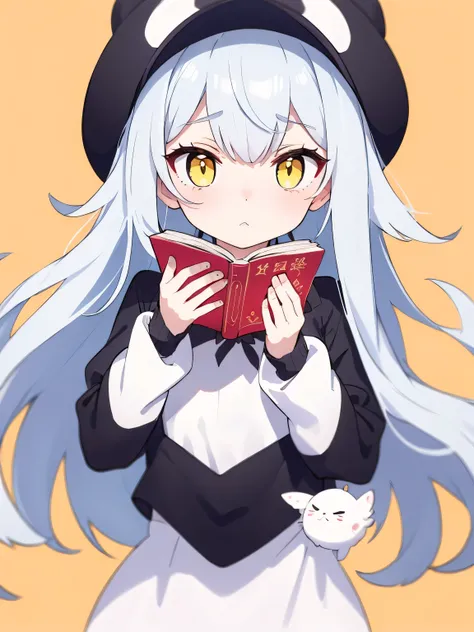  reading a book、 Silver Hair、 yellow eyes、 No Emotion、 simple backgrounds per person