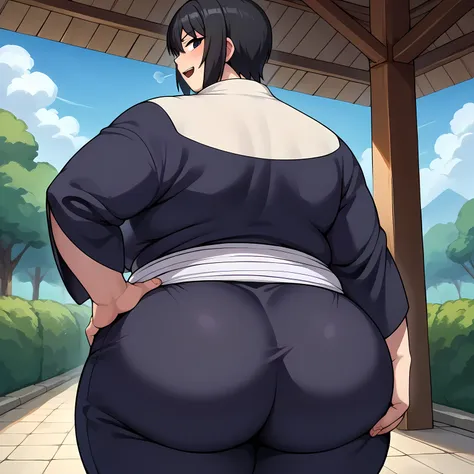 score_9, score_8_up, score_7_up, score_6_up, source_anime BREAK 1girl, solo, shizune, black hair, black eyes, black kimono, (big breasts:0.6), looking at you, hand on hip, light smile, blue sky, tree huge ass, fat, chubby, obese, open mouth, out of breath,...