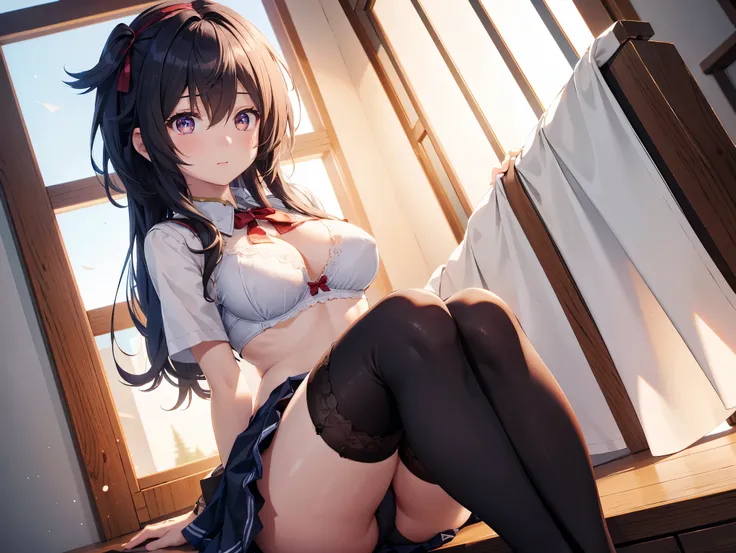 (( best quality)), ( high definition ), (( very detailed))、(masterpiece)、A high school girl with mature disheveled hair、Im wearing a cute bra and cute panties、(Im wearing knee-high stockings)、( at a )、Cute nipple shape、(Hair messed up by the strong wind)、N...