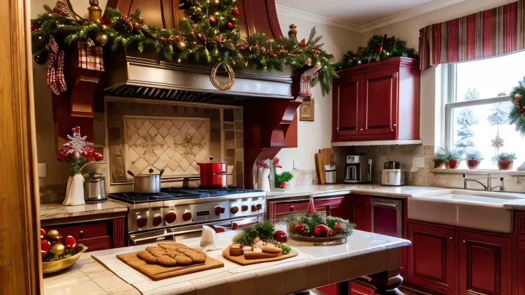  image of a kitchen well decorated for Christmas, with panettones and biscuits being prepared .