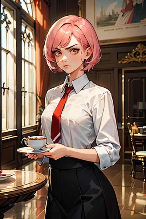 (highest quality:1.2), A girl with teacup is standing in a living room, There is a round table in front of her, and there is a afternoon tea set on the table. stern expression, angry face, a photorealistic cute girl, beautiful face, strict face, European f...