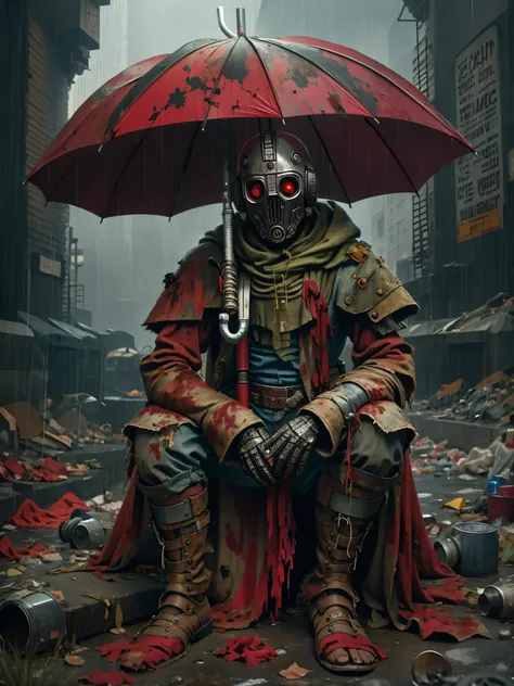 wasteland,A poor old robot sat on a rock, (umbrella:1.3),(Holding an Umbrella with your hand:1.3),(sit:1.2),rust,Wearing tattered red armor,The skyline in the distance,Gothic,moss,A small white flower,cemetery,Gothic church,Blood red moon,Gothic elements,I...