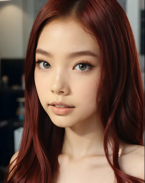 a close up of a woman with red hair and a black top, jennie do blackpink, parque roseanne de blackpink, portrait of jossi do blackpink, jennie blackpink, with red hair, red hue, strong red hue, rot pálido, light red hair, popular south Korean makeup, sun y...