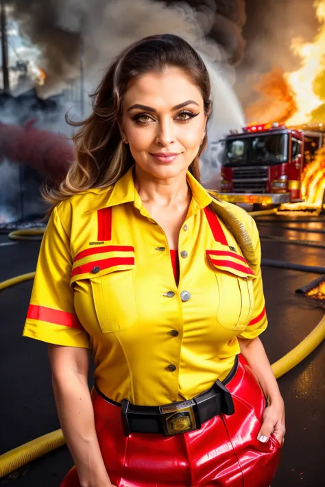 Full body photo of SEXY 50YO MATURE MILF AISHWARYA RAI as SEXIEST FIRE FIGHTER, ((((HEAVY SMOKY EYES WITH FALSE EYELASHES)))), ((FLIRTATIOUS SARDONIC MOCKING SMIRK)), (((RED & YELLOW FIRE FIGHTER UNIFORM WITH UNBUTTONED SHIRT AND SAFETY HELMET))), ((STRAIG...