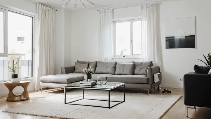 Minimalist home interior design of modern living room. Contemporary room with large windows, white sofas, a sleek black coffee table, and minimalist decor in neutral tones