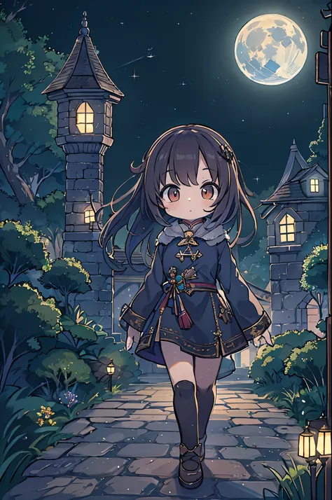 A dark-haired girl walking through a castle garden on a full moon night,Chibi