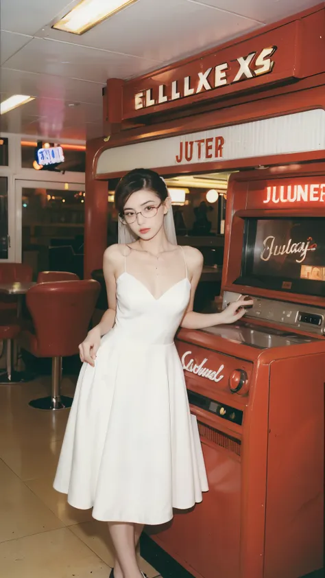 a 1950s scene featuring a 20yo woman in wedding white dress and cat-eye glasses, standing next to a jukebox in a classic diner with vinyl records and red booths. Detail face