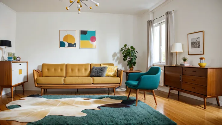 Mid century, scandinavian interior design of modern living room with colorful multicolored furniture