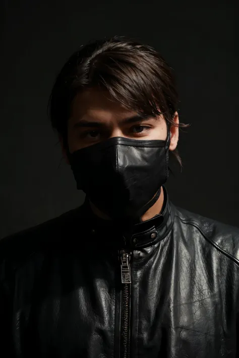 A man wearing black leather clothing ,  wearing a mask over his mouth and showing his mysterious eyes ,  the clothes are all leather and he has a beautiful rose on his hands 