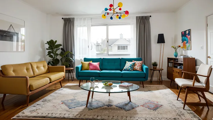 Mid century, scandinavian interior design of modern living room with colorful multicolored furniture