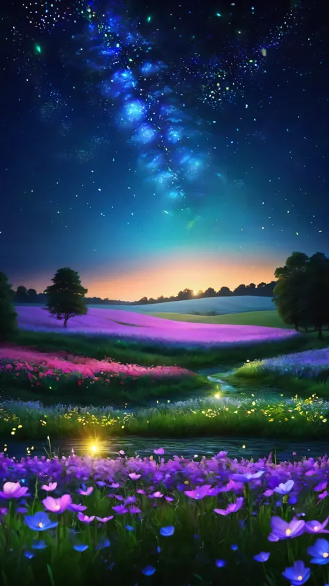  fields of beautiful flowers , At night ,  fireflies flying glittering