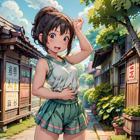 (  super detailed、  accurate top quality、  highdefinition images、4K、  source anime  )、Precise anatomy、  real、 big eyes、輝く瞳、One young girl、frolic in the park、(hooray:1.5)、smile、Swollen Breasts 、 Black brown fur 、 half bob cut、Sheer sleeveless shirt