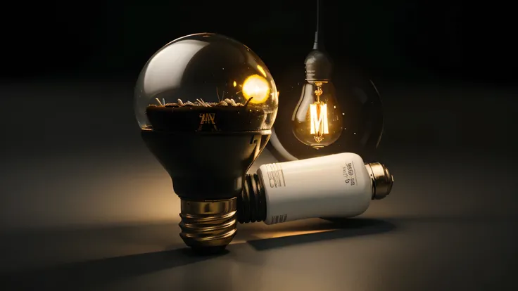 One of Lightbulb glowing among shutdown light bulb in dark area with copy space for creative thinking , problem solving solution and outstanding concept by 3d rendering technique