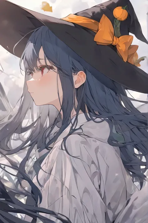 Boutique， Top Quality ， best quality， Official Art ，Cool, beautiful, and picky ，Very detailed（Fractal Art 1.2），The most detailed， a girl ， expressionless face ，Dark blue long hair ，wearing witch hat， dark red eyes ,is partially drawn outside the background...