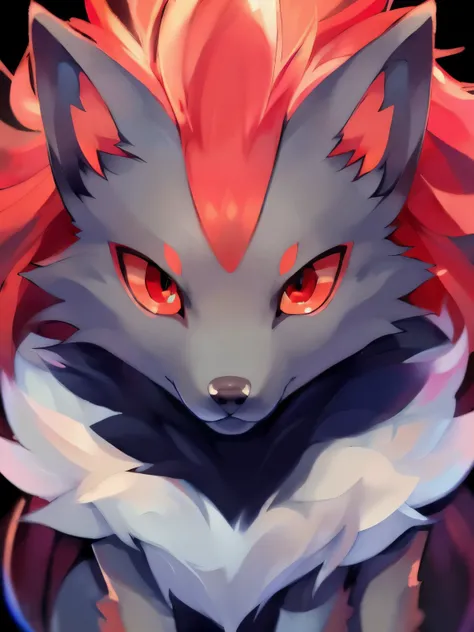 by:windwttom ，zoroark，red eyes ，(look up,in front view face: 1.5)， animal focus ,,Wolf, fur,  Raised Tail ,  big eyes, , paw, (Symmetrical)++, Pink fur和, masterpiece,  best quality , , Sco,  foxworth .  Thick Painted Impressionist , Nguyen Gia,