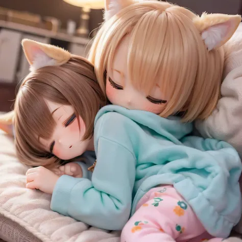 Shiba Inu girl sleeping in chibi pajamas、Girls sleeping in bed