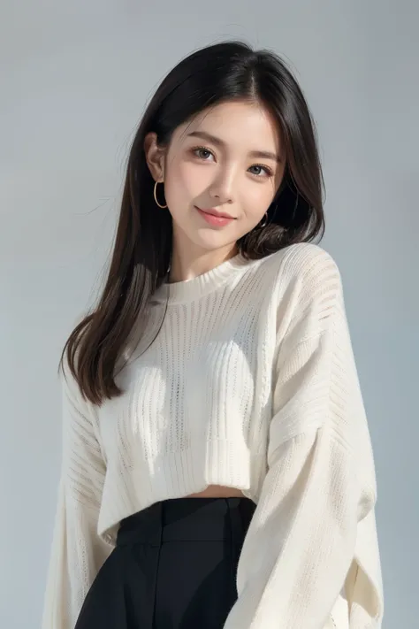  1 woman、 ash brand colored hair 、Ronk Hair、The face looks mature 、Winter clothing、 knitwear and sweaters 、Black、gray、white、 the background is simple and the background is still covered with concrete、smile 、20th Generation、so that the angle of view is 2 / ...