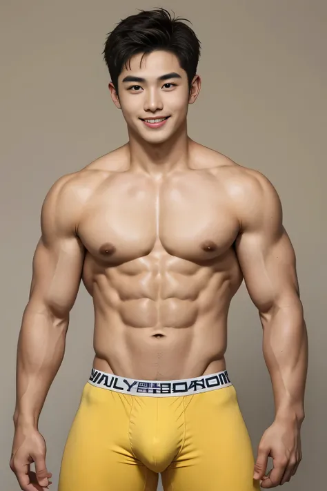 18-year-old male、 Japanese、 handsome、 macho、 abs、Pectoral muscles、 shirtless、Short Hair、yellow sport briefs、 plain background、Baby Face、 big bulging crotch 、 smiles