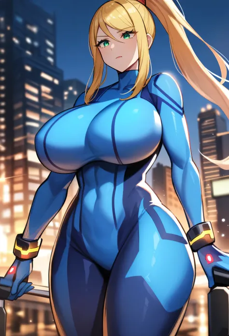 score 9 、score 8 up、score 7 up、1girl、 Samus Alan、Alone、Blonde、ponytail hair、Green Eyes、We def、 Bodysuit 、blue clothes、Big Breasts、Muscular and strong、 very large breasts、blue pantyhose、Zero Suit、blue gloves、  standing、 looking at you 、 muscular woman 、 cow...