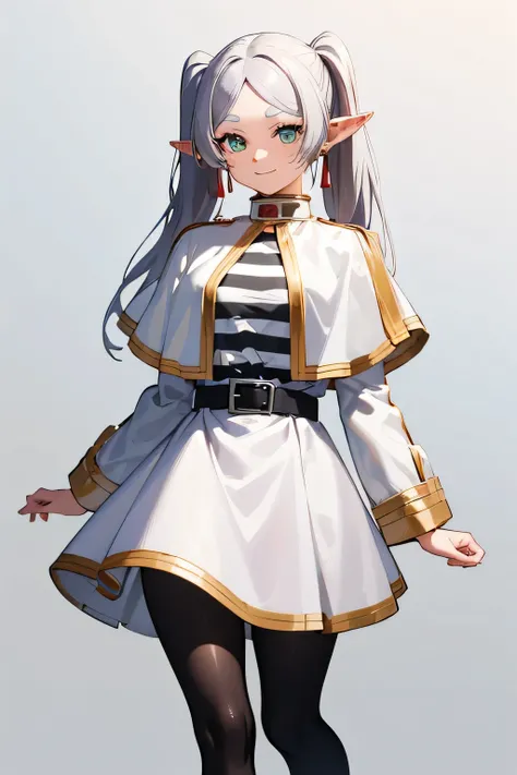 masterpiece, best quality, absurdres, perfect anatomy, FrierenBase, twintails, earrings, white capelet, striped shirt, white skirt, long sleeves, belt, black pantyhose, arms behind back, smile, full body shot