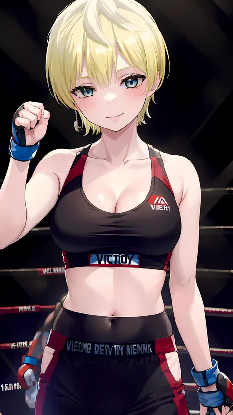 tenkaizumo, izumo, tenka, short hair, Blue eyes, blonde, (1 girl:1.5, solo:1.5), 8K, masterpiece, Highest quality, Hyper Detailed eyes, Detailed face, medium breast, (wearing sports bra:1.5, tight fit short spats:1.5, bare thigh, cleavage, small navel, sle...