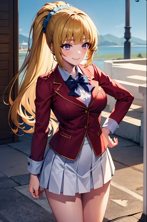 (8k, best quality, masterpiece,ultra detailed, ultra high res:1.2), 1girl,
Kei Karuizawa, Kei Karuizawa (youjitsu),
long hair, ponytail,yellow hair,
purple eyes, blue bow, hair scrunchie,
medium breasts, red blazer, buttoned blazer,long sleeves, blue blo...