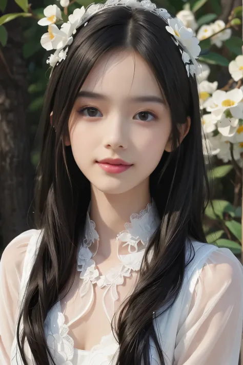 best quality、tmasterpiece、ultra high resolution、actual、1 girl、Glossy skin、((Surreal detailed))、Global photo、8K、Highly complex details、shinning eyes、Black straight hair、highkey、pureerosfaceace_v1、A smile、Elegant pose、White ultra-thin transparent lace、Lots o...
