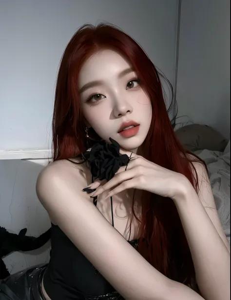 Theres a red-haired woman posing for a photo, cruel korean goth girl, portrait of jossi do blackpink, Ulzzang, jossi do blackpink, estilo de arte realista, inspirado em Sim Sa-jeong, inspirado em Kim Deuk-sin, coreana, obras de arte no estilo de guweiz, e...