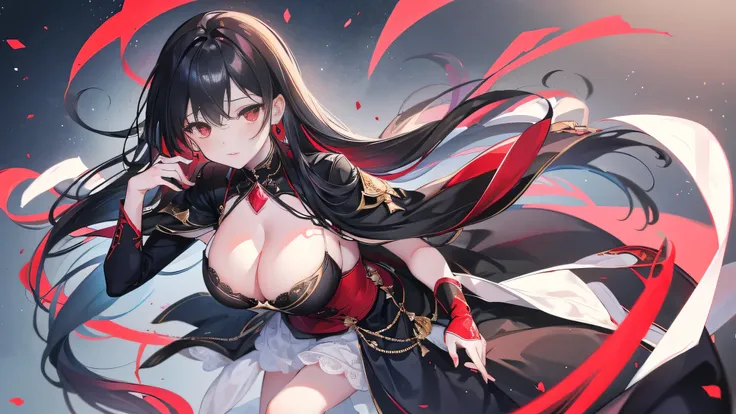  Delicate Eyes），（Clear and beautiful eyes：1.61），masterpiece， 1 young girl ，（Black clothes and some red gems）， long black hair ，（ She has a huge red jewel on her chest），Good Hand，（（Starcraft Cataclysm ））， full-body photo ， fighting posture ，（Red Eyes：1.466）...