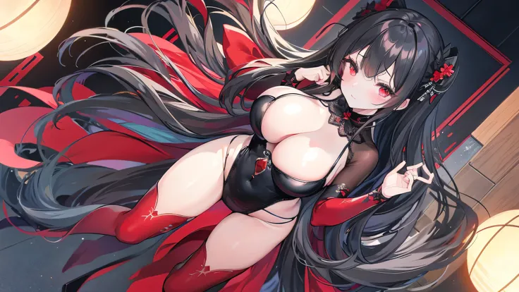  Delicate Eyes），（Clear and beautiful eyes：1.61），masterpiece， 1 young girl ，（Black clothes and some red gems）， long black hair ，（ She has a huge red jewel on her chest），Good Hand，（（Starcraft Cataclysm ））， full-body photo ， fighting posture ，（Red Eyes：1.466）...