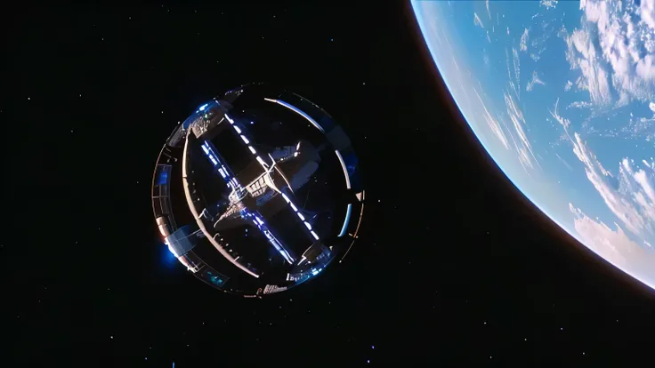 spaceship flying over a planet with a blue sky in the background, orbital station, in the movie 2001 a spaceodyssey, 2 0 0 1 a space odyssey, 2001 a space odyssey, futuristic space station, ringworld, dyson sphere in space, 2 0 0 1 space odyssey, 2001 spac...