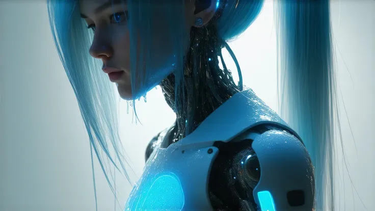 1 android robot girl with her whole body wet、A cyber costume made of nylon material with a lot of exposure、 best quality,   Masterpiece ,８k,  super high resolution, (photorealistic: 1.4),  RAW photos , soft focus white tone, Constraints、 light blue hair,  ...