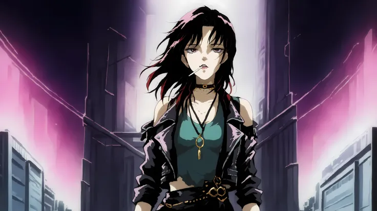 90s dark anime punk girl with aviators and long dark hair. A urban city in the background illuminates her. She wears a leather jacket over a green tank top and a choker necklace. She leans against a pillar with a cigarette in her mouth. There is an overall...