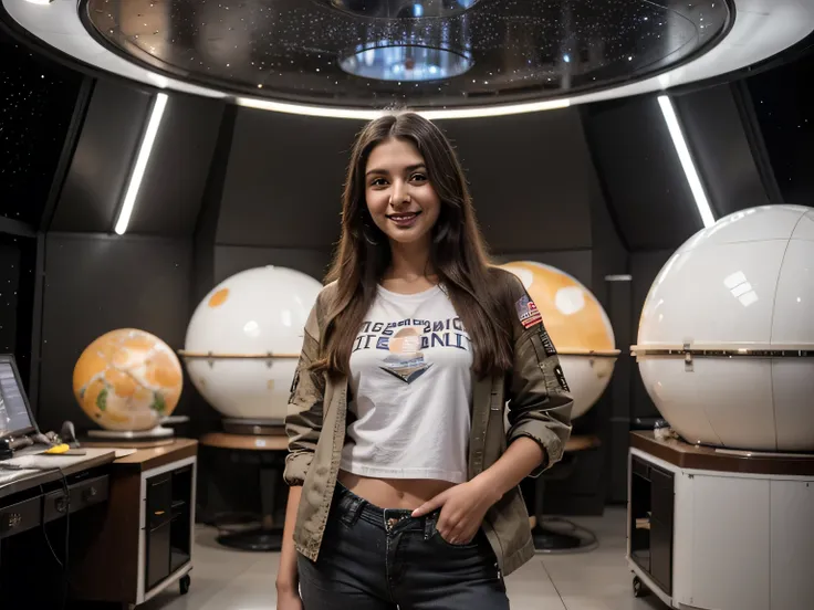 ((best quality)), ((masterpiece)), (detailed), 
beautiful 21 year old indian slim girl with long hair smiling face beautiful eyes wearing a t shirt and jacket and cargo army pant standing in a space exibition filled with many space models of space research...