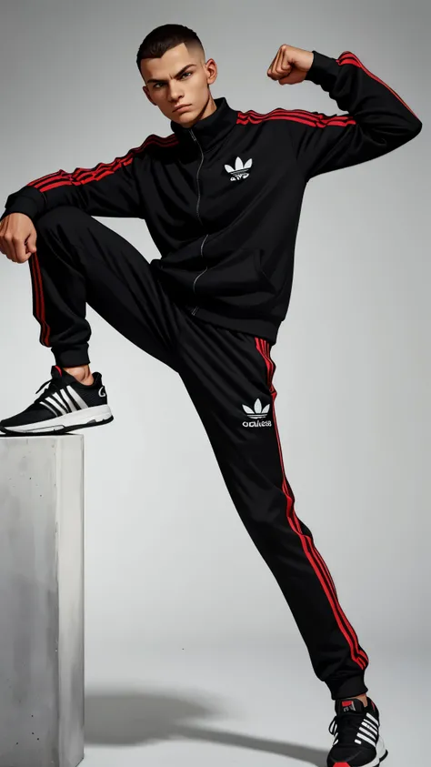 A full-length portrait of a young man, a gopnik. Dressed in a black adidas tracksuit, powerful lower jaw thrust forward, eyes deeply set low forehead pronounced cheekbones, back a little slouched, lizard-like, short haircut, large reddened fists