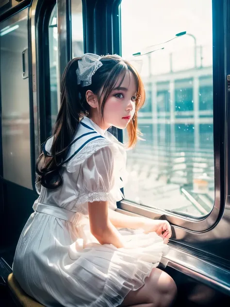 ( 1 girl, full body),Sailor suit, twin tails,silky brunette hair, Organza Lace,ELEGANT AND EXQUISITE CLOTHES , LACE-DETACHED UNIFORM, New uniform suggestions , ( colorful ),  Gradient Blend,  Motion Blur,  Sparkling Textures , Dynamic Configuration,  atmos...