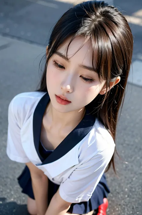 score_9, score_8_up, score_7_up, rating_explicit, masterpiece, best quality, (hyper realistic, photo realistic:1.2), ultra high-res, real skin, 32k, BREAK POV, from above, hetero, a very cute Korean girl, school sailor uniform, kneeling, bent over, in fron...