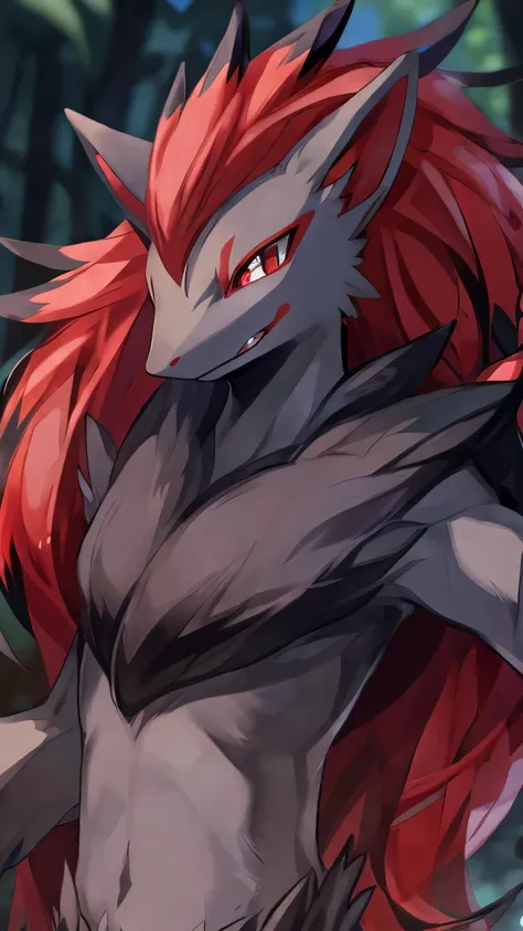 by:windwttom ，zoroark，red eyes ，(hand up,in front view face: 1.5)，
