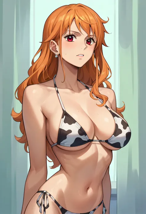 nami_post, orange hair, long hair, wavy hair, side locks, brown eyes, large breasts, shoulder tattoo, cow bikini, cow bikini, cow print bikini,