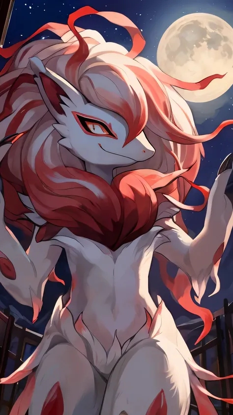 by:windwttom ，a hisuian zoroark, (hand up,in front view face: 1.5)，Wintter, , full moon, smiling softly,(Head Focus :1.2)
