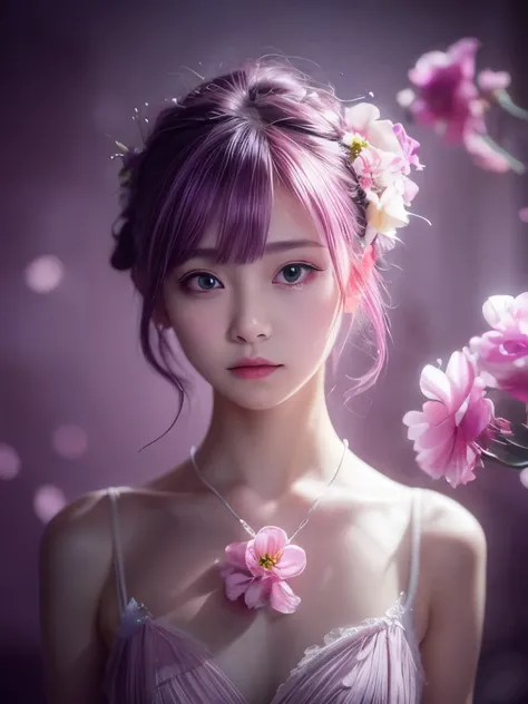 ((  Masterpiece ,  best quality)), ( negative space: 1.2), ( 1 girl, Alone: 1.4), flowerびら, Pink Eye, length,  purple hair ,  high ponytail , Liquid Hair, flower, Delicate depiction,  cinematic lighting,