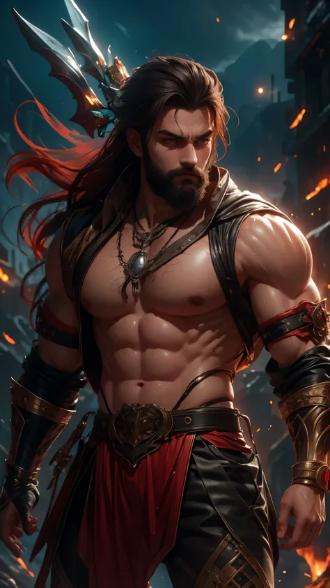 (( better quality )), (( masterpiece)), (Detailed),  perfect cara .  Cara with a rojo color . Very strong male body. big muscle .  War with pesada weapons and ligera .  coraza de aceros de diferentes colores con ropas geniales.  especially dorada de hoja a...