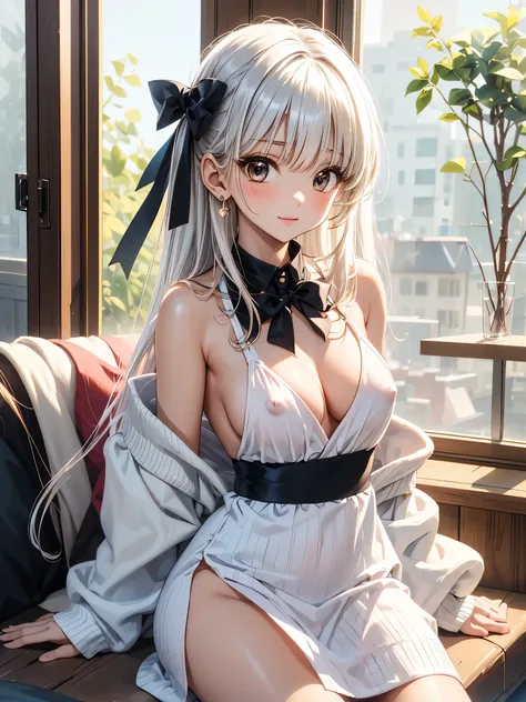  adorable girl, Big Boobs ,Beautiful breasts, erect nipples due to indirect lighting, wide open chest ,Nipples Spilling Out of Your Shirt ,Brown medium long hair,Akabuchi and white hair bow , Sexy Open Back Knit Slip Dress ,Dress Lift, skirt flip,Vagina ex...