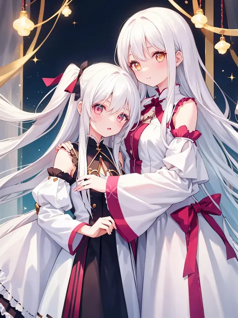 2girls，girl1 ：，adorable，a world of， long white hair，girl 2：a world of， long white hair， Touching each others breasts