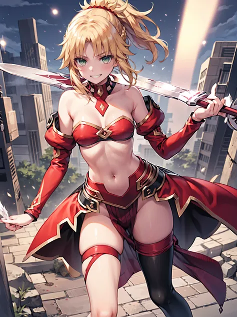 best quality, integrated scenery, integrated background, extremely delicate and beautiful, meticulous details, good composition, cute face, perfect face, perfect hands ,Masterpiece, Best Quality, illustration, city street, 1girl, Mordred (fate), collarbone...